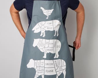 Butcher's Meat Cuts Kitchen Apron - apron - foodie gift - chef apron - Gift for dad - BBQ Apron - cuts of meat - Kitchen linen - Grey Apron