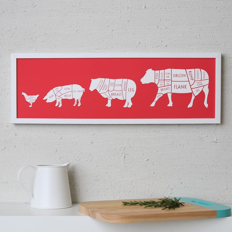 Large Butcher Print butcher poster butcher chart fathers day butcher diagram Long meat cuts print Gift for Dad Gift for chef Crimson Red