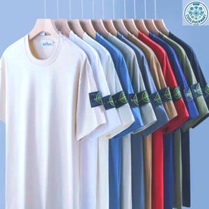以下が含まれることがあります： ハンガーに掛けられた半袖Tシャツの列。白、水色、グレー、ベージュ、赤、紺、オリーブグリーン、黒のグラデーションで並んでおり、それぞれ左袖に特徴的なコンパスのワッペンが付いています。