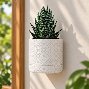 Könnte beinhalten: Ein zylindrischer Wandpflanztopf mit weißer Außenseite und einem sich wiederholenden, geprägten geometrischen Blumenmuster. Der Topf enthält eine dunkelgrüne Sukkulente mit weißen Sprenkeln auf den spitzen, nach oben gerichteten Blättern.