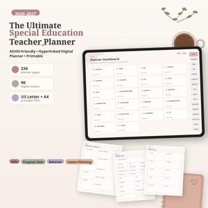 Puede incluir: Un planificador digital 2026-2027 para docentes de educación especial en una pantalla de tableta con un panel de control que muestra botones para calendario, lecciones, estudiantes e IEP. Incluye 234 páginas, 96 pegatinas y archivos PDF A4.