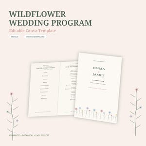 Puede incluir: Una plantilla de programa de boda tríptico con el texto WILDFLOWER WEDDING PROGRAM, Editable Canva Template, TRIFOLD, INSTANT DOWNLOAD, ROMANTIC, BOTANICAL, EASY TO EDIT, y un diseño de ceremonia para Emma y James con detalles florales.