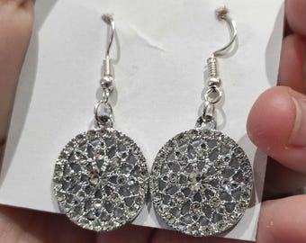 Rhinestone Rosette Mandala Earrings | Silver Rhinestone Star Drop Earrings, Chic & Oriental Handmade Evening Jewelry