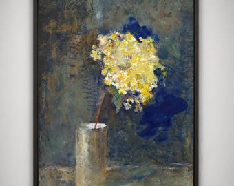 Origineel olieverfschilderij met pastelkrijt: Gele bloemen | Stilleven met textuur op papier (29,7 x 42 cm)