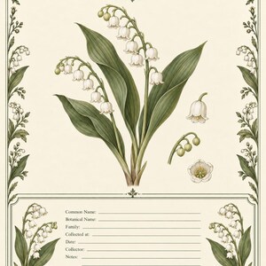 May include: A botanical print titled Winterfeld Herbarium Collection Set 2 Woodland Botanicals Page 07 Lily of the Valley Convallaria majalis. The page features a central illustration of white bell-shaped flowers with green leaves and lined fields.