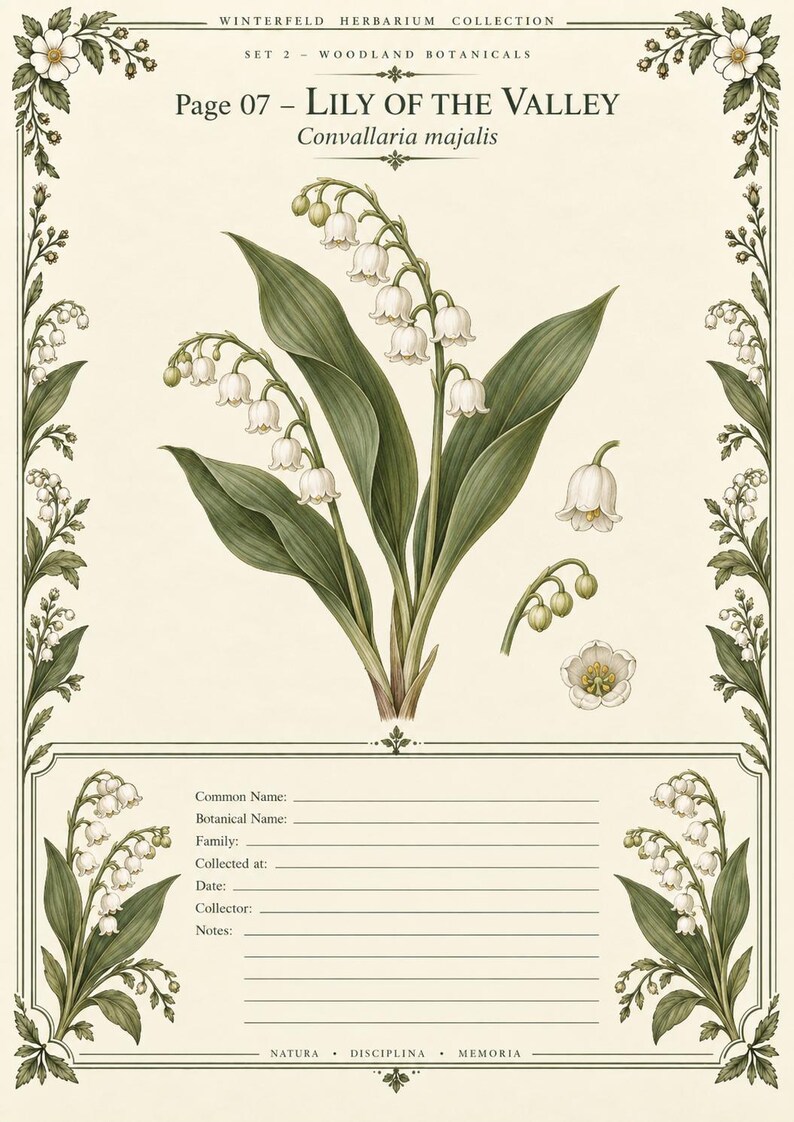 May include: A botanical print titled Winterfeld Herbarium Collection Set 2 Woodland Botanicals Page 07 Lily of the Valley Convallaria majalis. The page features a central illustration of white bell-shaped flowers with green leaves and lined fields.