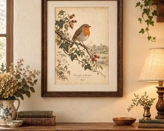 Peut inclure: Une impression d'art encadrée représentant une illustration détaillée d'un rouge-gorge perché sur une branche avec des feuilles de lierre et des baies rouges. L'impression inclut le texte European Robin et Erithacus rubecula en police serif.