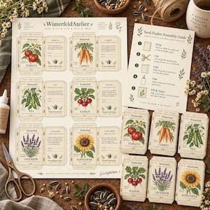 May include: A printable sheet of six seed packet templates featuring illustrations of tomatoes, carrots, peas, radishes, lavender, and sunflowers, alongside a seed packet assembly guide, six pre-folded packets, a pair of scissors, and glue.