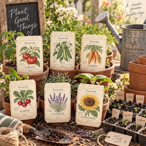 May include: A collection of six terracotta pots containing young plants, each labeled with a Winterfeld Garden Collection seed packet featuring illustrations of tomato, pea, carrot, radish, lavender, and sunflower, alongside a metal watering can.