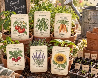 May include: A collection of six terracotta pots containing young plants, each labeled with a Winterfeld Garden Collection seed packet featuring illustrations of tomato, pea, carrot, radish, lavender, and sunflower, alongside a metal watering can.
