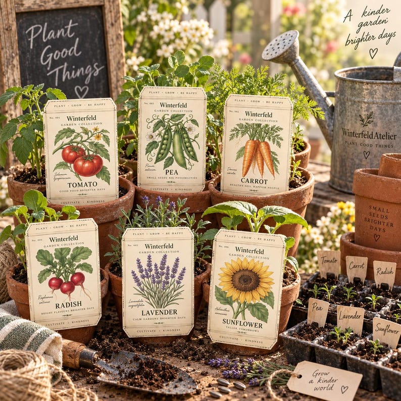May include: A collection of six terracotta pots containing young plants, each labeled with a Winterfeld Garden Collection seed packet featuring illustrations of tomato, pea, carrot, radish, lavender, and sunflower, alongside a metal watering can.
