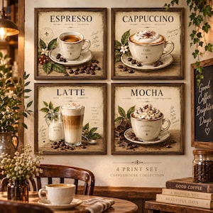 Vintage Coffeehouse Print Set, Espresso Cappuccino Latte Mocha, Square Kitchen Wall Art, Cafe Decor, Digital Download