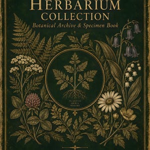 May include: A dark green book cover titled Winterfeld Herbarium Collection Botanical Archive & Specimen Book. The cover features gold text, ornate borders, and detailed botanical illustrations of ferns, clover, daisies, and bell-shaped flowers.