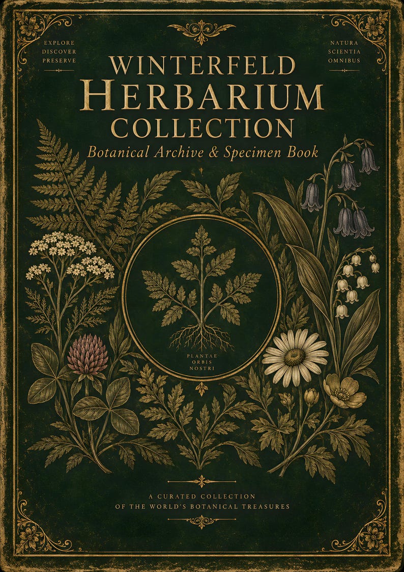 May include: A dark green book cover titled Winterfeld Herbarium Collection Botanical Archive & Specimen Book. The cover features gold text, ornate borders, and detailed botanical illustrations of ferns, clover, daisies, and bell-shaped flowers.