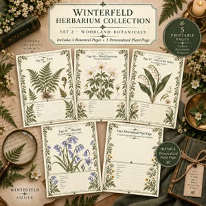 May include: A set of five printable botanical pages titled Winterfeld Herbarium Collection Set 2 Woodland Botanicals. The pages feature illustrations of a fern, wood anemone, lily of the valley, bluebell, and a personalized plant page.