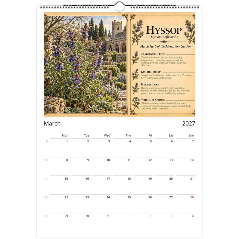 2027 Herbalist Wall Calendar, English Monastery Garden Herbs, A3 Botanical Calendar, Vintage Herbarium Gift image 4