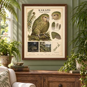 Puede incluir: Un póster educativo enmarcado titulado KAKAPO Strigops habroptilus que presenta una gran ilustración de un loro verde, estudios de plumas, una escena nocturna, un hábitat forestal, un mapa de Nueva Zelanda y textos científicos.