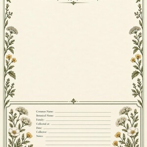 May include: A cream-colored herbarium request page featuring a decorative border of green leaves and white and yellow flowers. The text reads Winterfeld Herbarium Collection, Set 1 - Meadow Botanicals, Your Personalized Request Page, and Natura Disciplina Memoria.