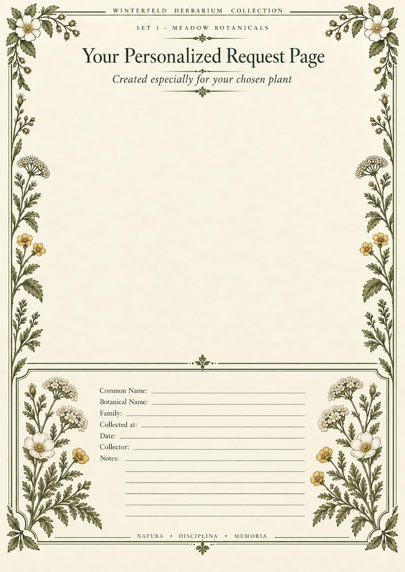 May include: A cream-colored herbarium request page featuring a decorative border of green leaves and white and yellow flowers. The text reads Winterfeld Herbarium Collection, Set 1 - Meadow Botanicals, Your Personalized Request Page, and Natura Disciplina Memoria.