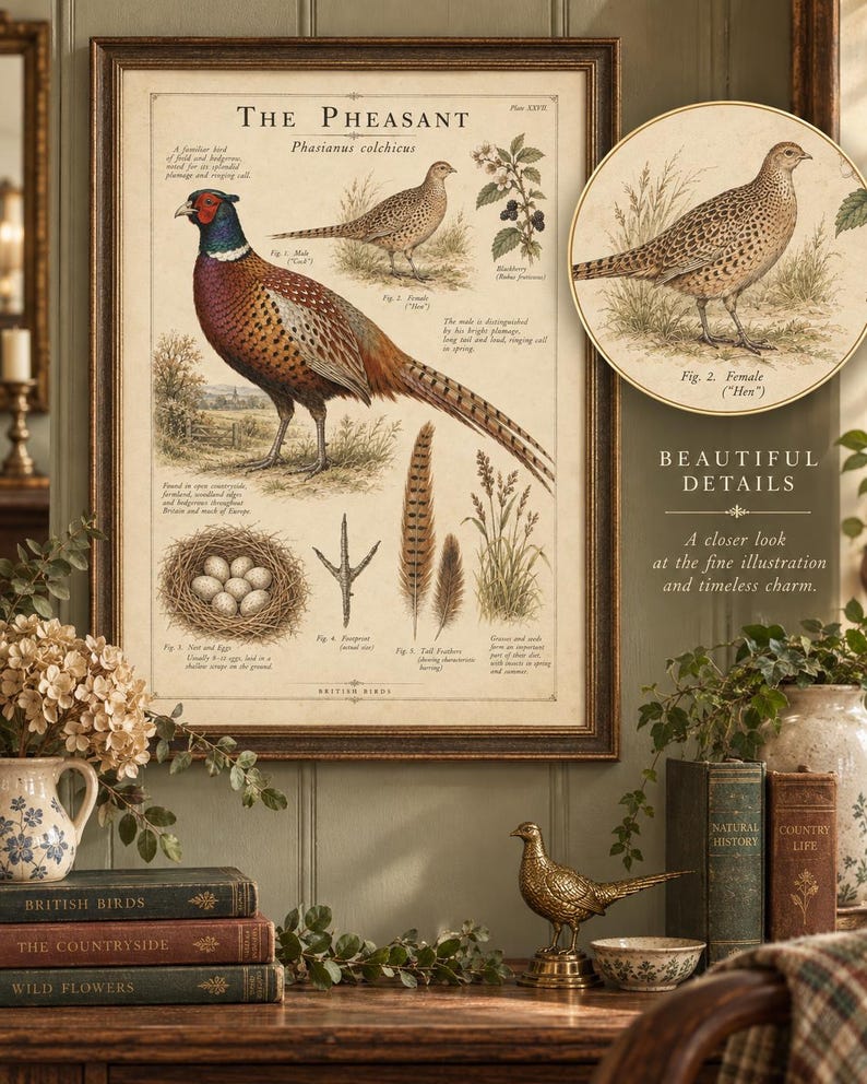 Op de afbeelding: Een ingelijste educatieve print getiteld The Pheasant Phasianus colchicus met gedetailleerde illustraties van een mannelijke fazant, een vrouwtje, een nest met eieren, een voetafdruk, veren en braamstruiken met beschrijvende tekst.