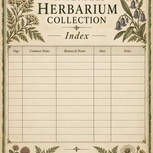 May include: A cream-colored herbarium index sheet with a dark green border and botanical illustrations. The text reads Winterfeld Herbarium Collection, Index, Explore Discover Preserve, Natura Scientia Omnibus, and Plantae Orbis Nostri with grid columns.