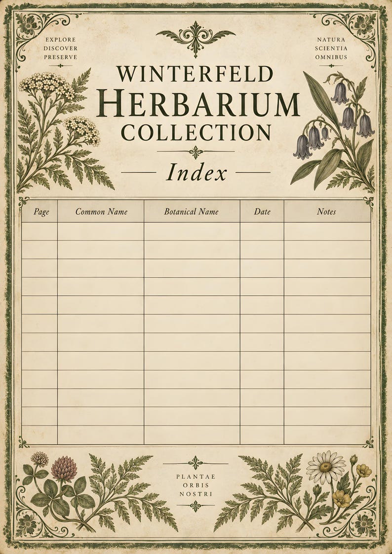 May include: A cream-colored herbarium index sheet with a dark green border and botanical illustrations. The text reads Winterfeld Herbarium Collection, Index, Explore Discover Preserve, Natura Scientia Omnibus, and Plantae Orbis Nostri with grid columns.