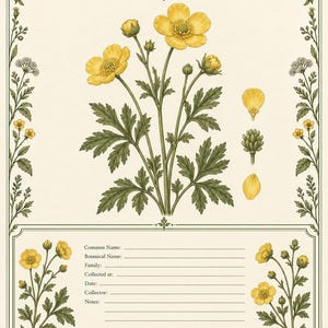 May include: A botanical print titled Meadow Buttercup, Ranunculus acris, featuring yellow flowers and green leaves. The page includes a central illustration, smaller petal details, and a section with lined fields for common name, botanical name, family, date, and notes.