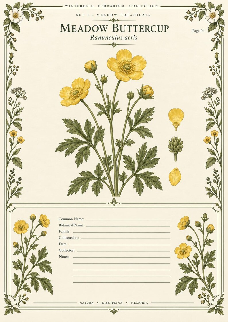 May include: A botanical print titled Meadow Buttercup, Ranunculus acris, featuring yellow flowers and green leaves. The page includes a central illustration, smaller petal details, and a section with lined fields for common name, botanical name, family, date, and notes.