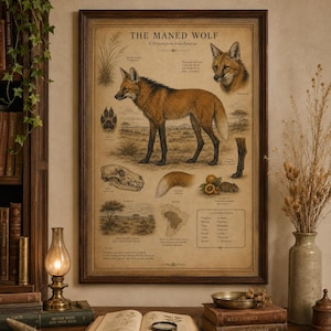 Puede incluir: Un póster educativo enmarcado titulado THE MANED WOLF Chrysocyon brachyurus, que presenta una ilustración central de un aguará guazú, un cráneo, una huella, una cola, un mapa de Sudamérica y texto de clasificación sobre un fondo vintage.