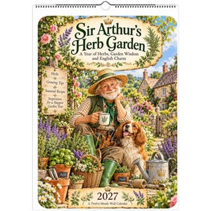 May include: A 2027 wall calendar titled Sir Arthur's Herb Garden featuring an illustration of an elderly person in a straw hat and green vest sitting in a garden with a brown and white dog, potted herbs, a metal watering can, and text.