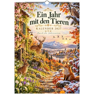 May include: A 2027 wall calendar titled Ein Jahr mit den Tieren featuring a scenic illustration of a deer, fox, owl, and rabbit in a landscape transitioning through seasons with mountains, a lake, and a small village in the background.