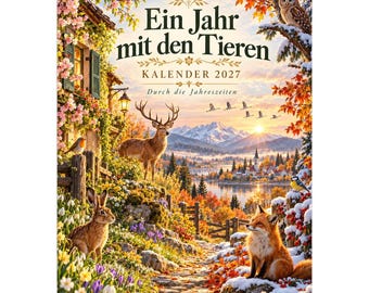 Puede incluir: Un calendario de pared de 2027 titulado Ein Jahr mit den Tieren con una ilustración de un ciervo, un zorro, un búho y un conejo en un paisaje que cambia con las estaciones, con montañas, un lago y un pueblo al fondo.