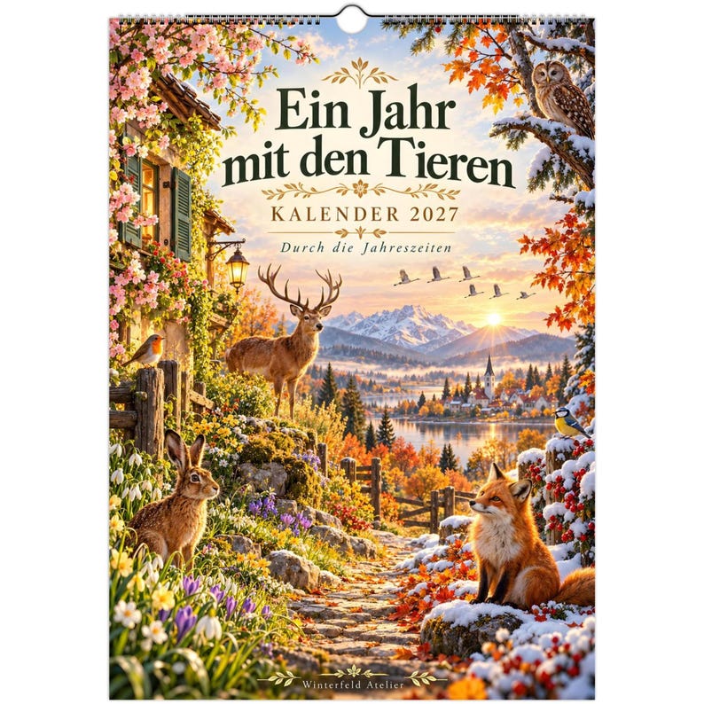 A Year with the Animals 2027 | German Language A3 Wall Calendar | Illustrated Wildlife & Nature Calendar image 1