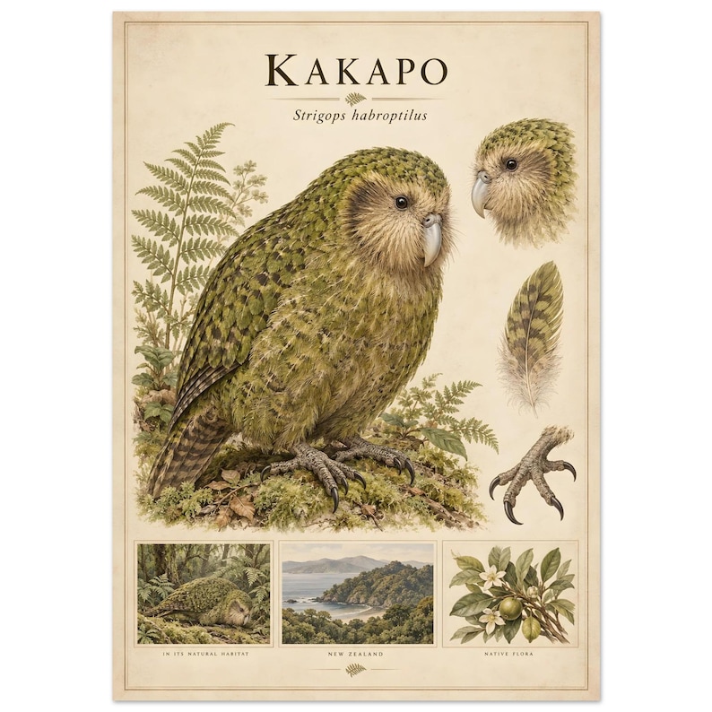 Lámina artística de kakapo, póster de aves de Nueva Zelanda, arte mural vintage de historia natural, impresión física mate premium tamaño A3. imagen 2