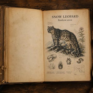 May include: An open vintage book with aged, yellowed pages featuring a detailed scientific illustration of a snow leopard, labeled "SNOW LEOPARD" and "Panthera uncia," accompanied by smaller sketches of a skull, paw print, and a map of Asia.