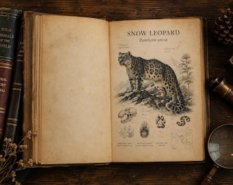 Puede incluir: Un libro antiguo abierto con páginas envejecidas y amarillentas que presenta una ilustración científica detallada de un leopardo de las nieves, etiquetada "SNOW LEOPARD" y "Panthera uncia", junto a pequeños bocetos de un cráneo y huella.