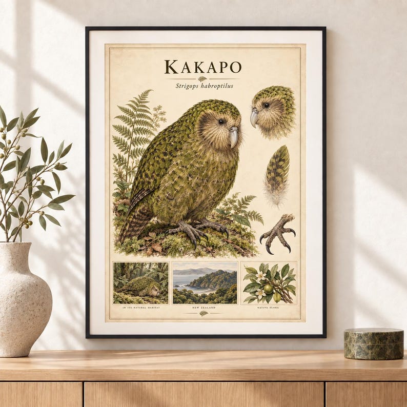 Puede incluir: Un p&oacute;ster educativo enmarcado titulado KAKAPO Strigops habroptilus que muestra un gran loro lechuza verde, un primer plano de su cabeza, una pluma, una garra y tres ilustraciones m&aacute;s peque&ntilde;as que representan su h&aacute;bitat, Nueva Zelanda y flora.