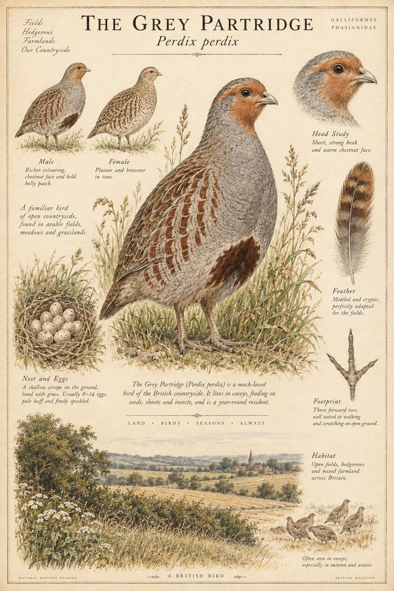 Peut inclure: Une affiche &eacute;ducative d&eacute;taill&eacute;e intitul&eacute;e The Grey Partridge Perdix perdix pr&eacute;sentant des illustrations de l'oiseau, son nid avec des &oelig;ufs, une plume, une empreinte et un habitat naturel. Le texte fournit des informations biologiques.