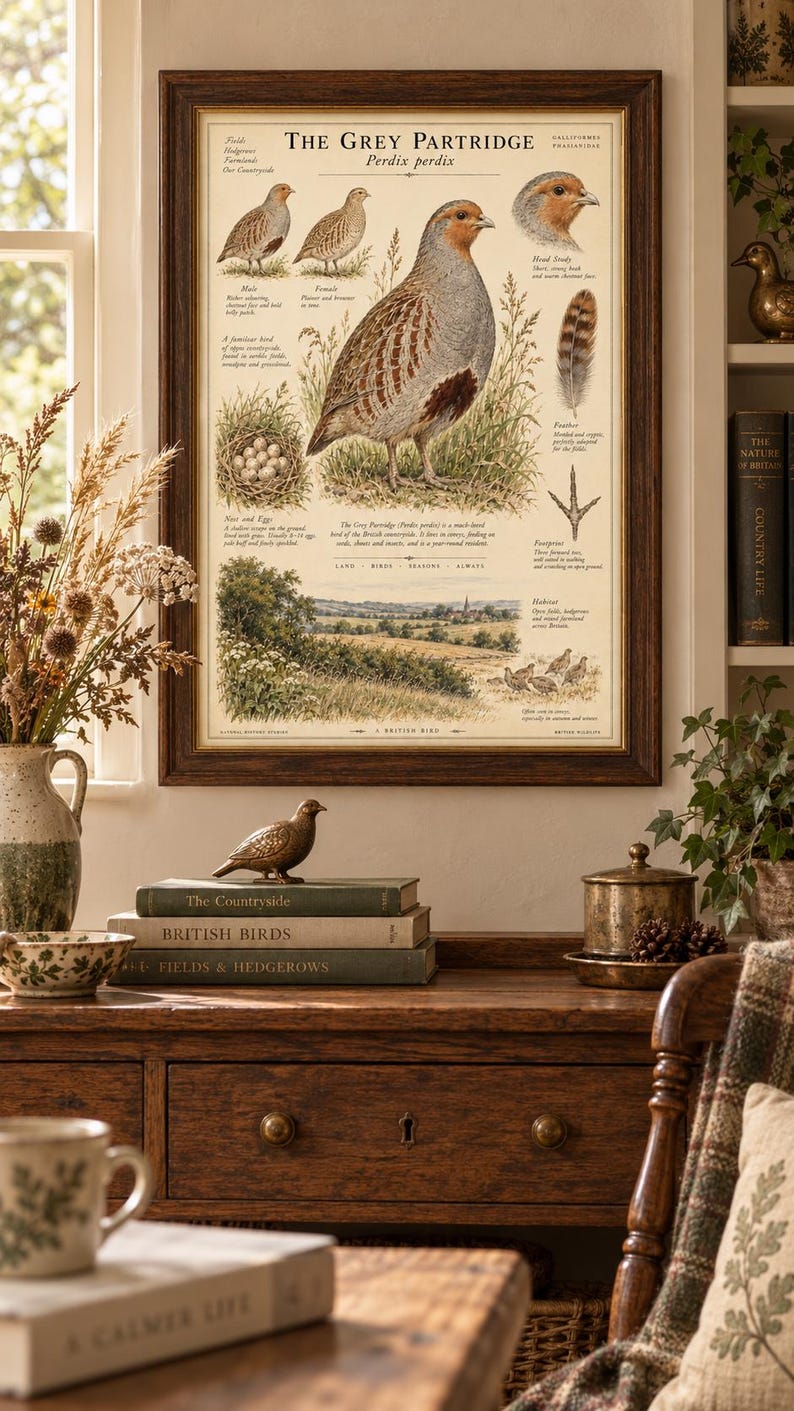 Peut inclure: Une impression &eacute;ducative encadr&eacute;e intitul&eacute;e The Grey Partridge Perdix perdix, pr&eacute;sentant des illustrations d&eacute;taill&eacute;es de l'oiseau, de ses &oelig;ufs, d'une plume, d'une empreinte et d'un paysage, sur un fond cr&egrave;me avec du texte descriptif.
