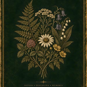 May include: A botanical illustration on a dark green background featuring a bouquet of ferns, daisies, clover, bluebells, and lily of the valley. The print includes gold decorative borders and the text NATURA &bull; DISCIPLINA &bull; MEMORIA and WinterfeldAtelier.