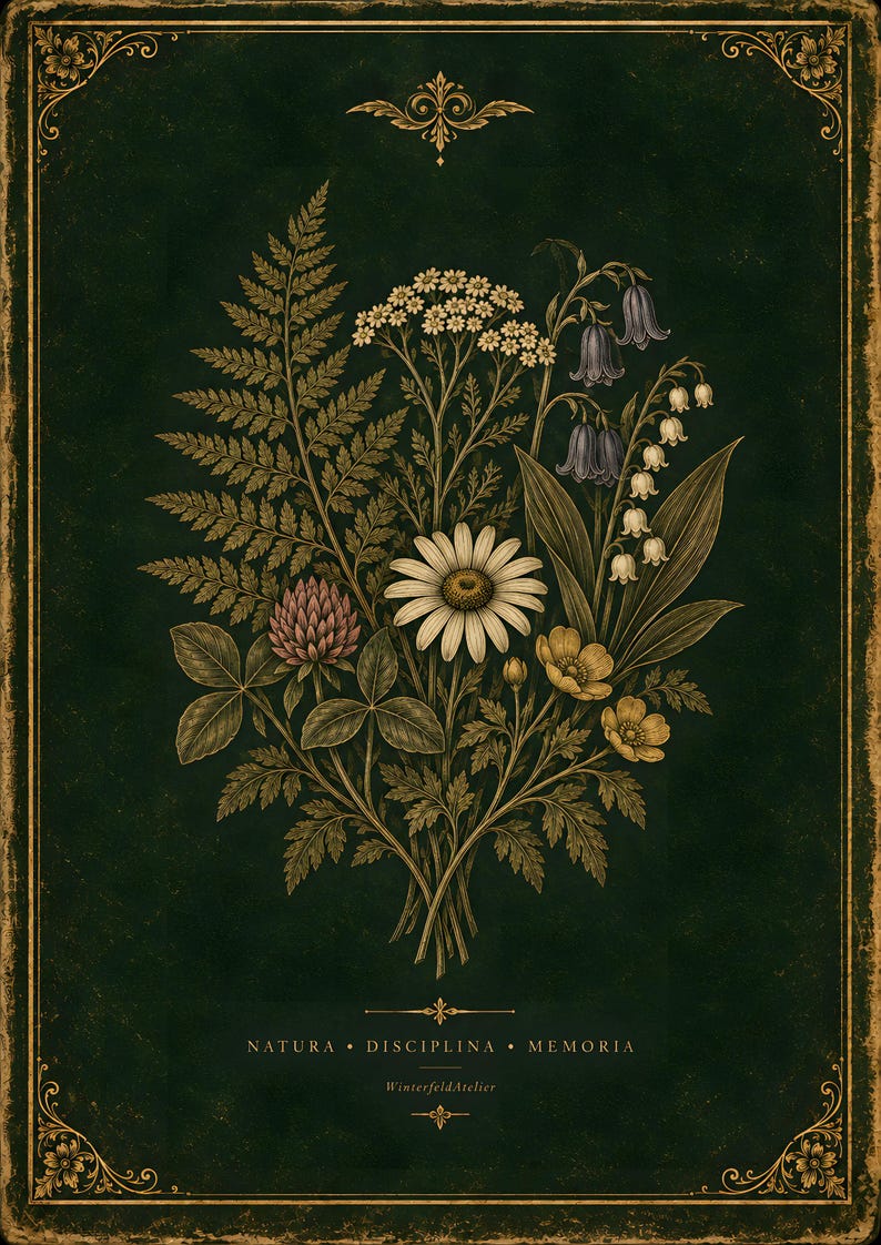May include: A botanical illustration on a dark green background featuring a bouquet of ferns, daisies, clover, bluebells, and lily of the valley. The print includes gold decorative borders and the text NATURA &bull; DISCIPLINA &bull; MEMORIA and WinterfeldAtelier.