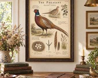 Peut inclure: Une impression éducative encadrée intitulée The Pheasant, Phasianus colchicus, présentant des illustrations détaillées d'un faisan mâle et femelle, un nid avec des œufs, une empreinte d'oiseau, des plumes et une branche de mûrier avec du texte.