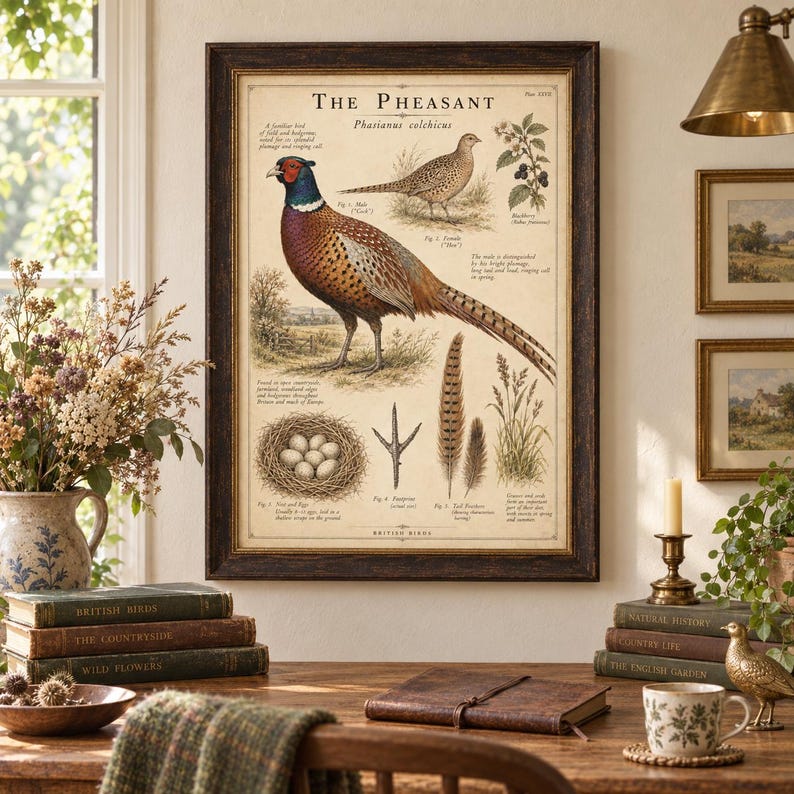 Op de afbeelding: Een ingelijste educatieve print getiteld The Pheasant, Phasianus colchicus, met gedetailleerde illustraties van een mannelijke en vrouwelijke fazant, een nest met eieren, een vogelpootafdruk, veren en een braamstruiktak met beschrijvende tekst.