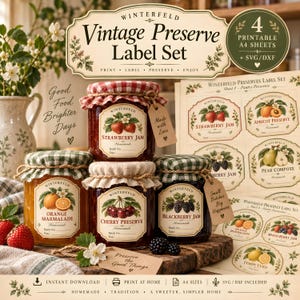 May include: A set of four glass jars filled with fruit preserves, each topped with a fabric cover and twine. The labels feature illustrations of strawberries, oranges, cherries, and blackberries. Includes printable A4 sheets with SVG/DXF files.