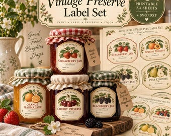 Puede incluir: Un conjunto de cuatro frascos de vidrio con conservas de frutas, cada uno con una cubierta de tela y cordel. Las etiquetas muestran ilustraciones de fresas, naranjas, cerezas y moras. Incluye hojas A4 imprimibles y archivos SVG/DXF.