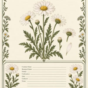 May include: A botanical print titled Winterfeld Herbarium Collection, Set 1 - Meadow Botanicals, featuring an illustration of Oxeye Daisy, Leucanthemum vulgare. The page includes a central flower cluster, side buds, and a section for notes.