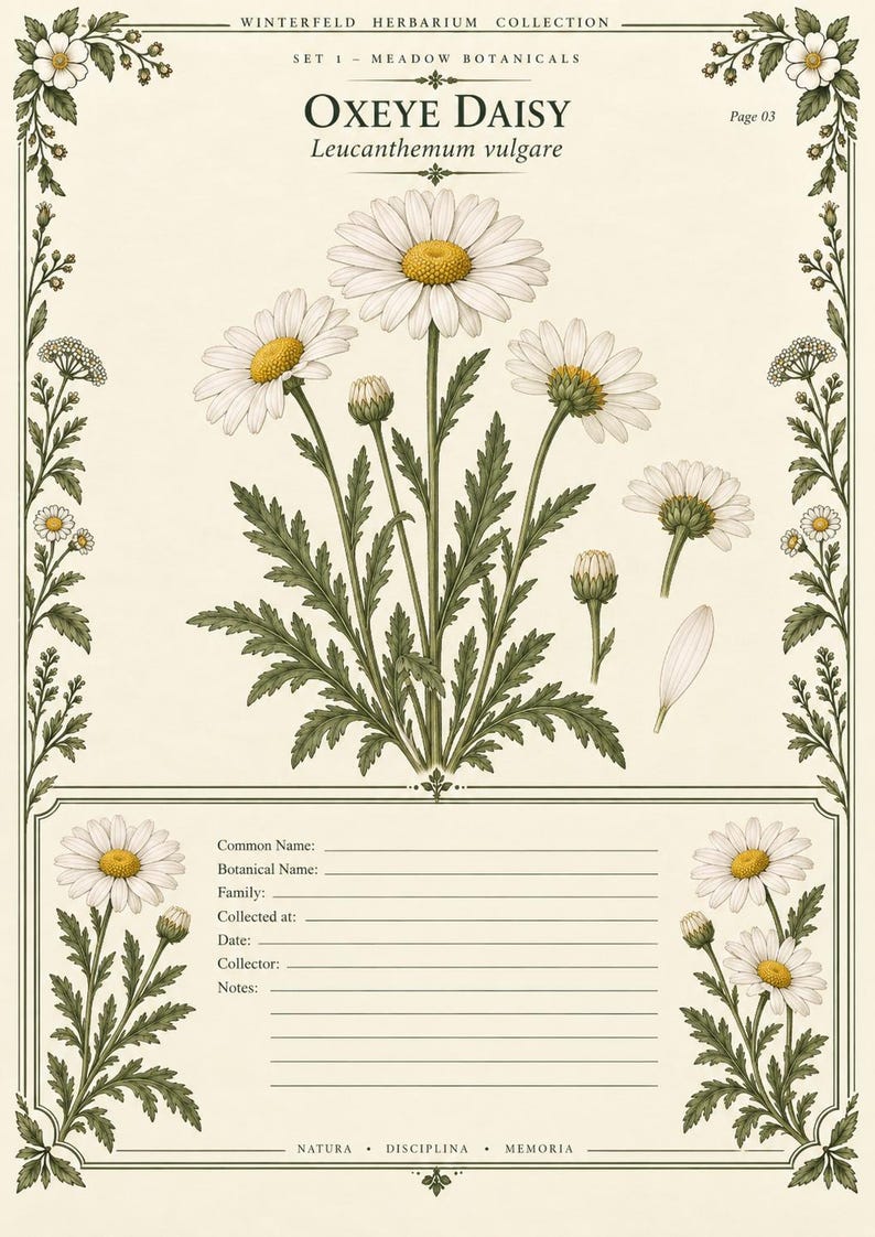 May include: A botanical print titled Winterfeld Herbarium Collection, Set 1 - Meadow Botanicals, featuring an illustration of Oxeye Daisy, Leucanthemum vulgare. The page includes a central flower cluster, side buds, and a section for notes.