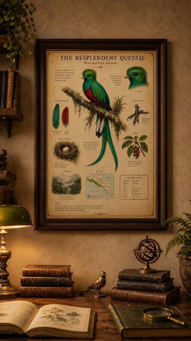 Puede incluir: Un p&oacute;ster educativo enmarcado titulado The Resplendent Quetzal, Pharomachrus mocinno, que presenta una ilustraci&oacute;n central de un ave verde y roja sobre una rama, con diagramas m&aacute;s peque&ntilde;os de plumas, una pata, un nido, un mapa y texto.