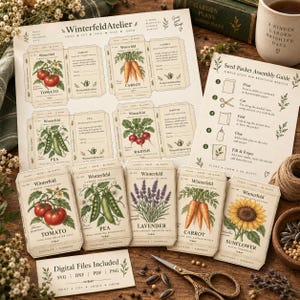 May include: A printable seed packet craft kit featuring illustrated tomato, carrot, pea, radish, lavender, and sunflower designs. The set includes a sheet of templates, an assembly guide, and five pre-folded packets with botanical illustrations and text.