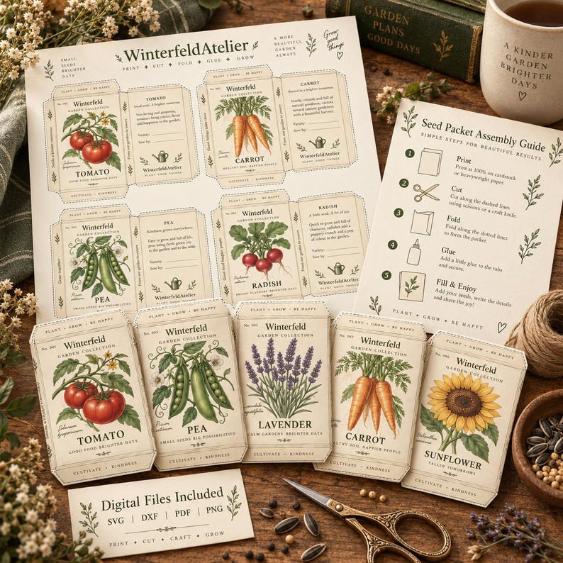 May include: A printable seed packet craft kit featuring illustrated tomato, carrot, pea, radish, lavender, and sunflower designs. The set includes a sheet of templates, an assembly guide, and five pre-folded packets with botanical illustrations and text.